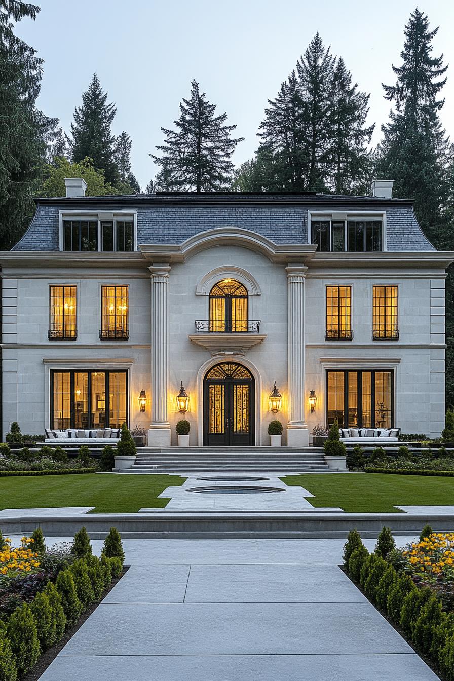 Elegant neoclassical architecture with glowing windows and lush greenery