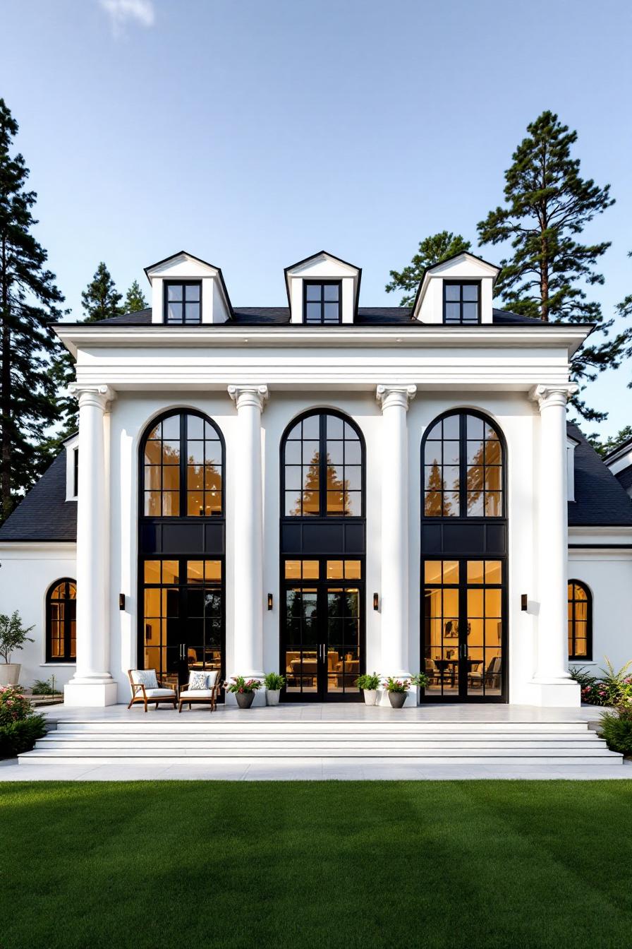 Neoclassical house with tall white columns and arched windows