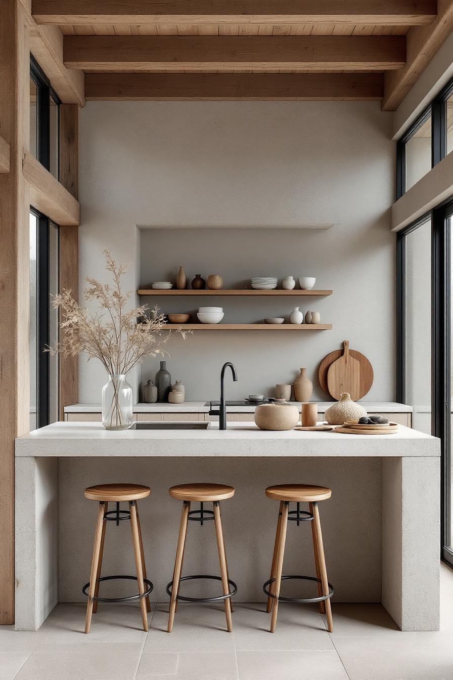 Minimalist kitchen with wooden stools and shelves