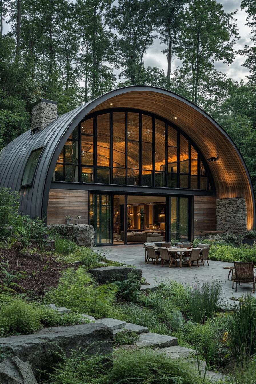 Quonset hut home with a curved roof and large glass windows