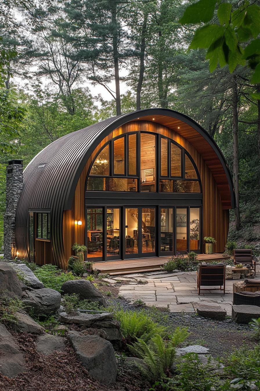 Unique arched Quonset-style cabin nestled in a forest