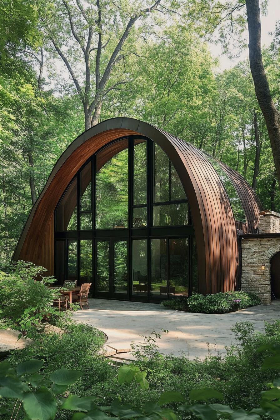 Arched metal and glass Quonset home surrounded by lush forest