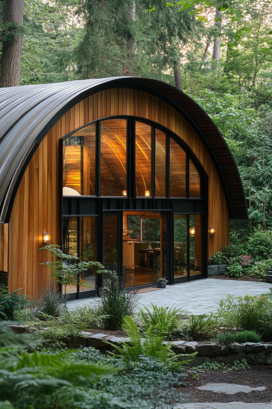 Modern Quonset home with large arched windows