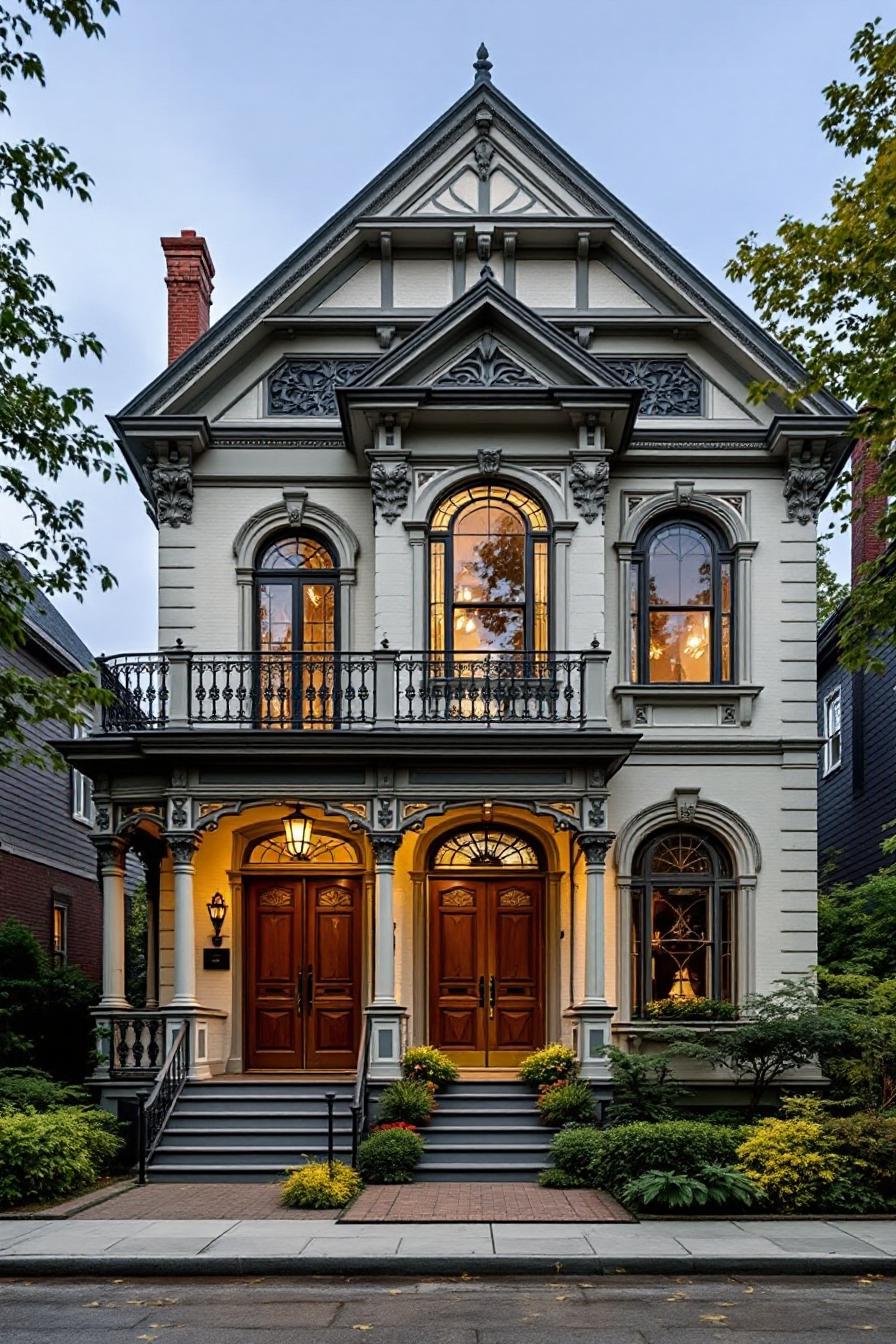 Charming Victorian house with lit windows