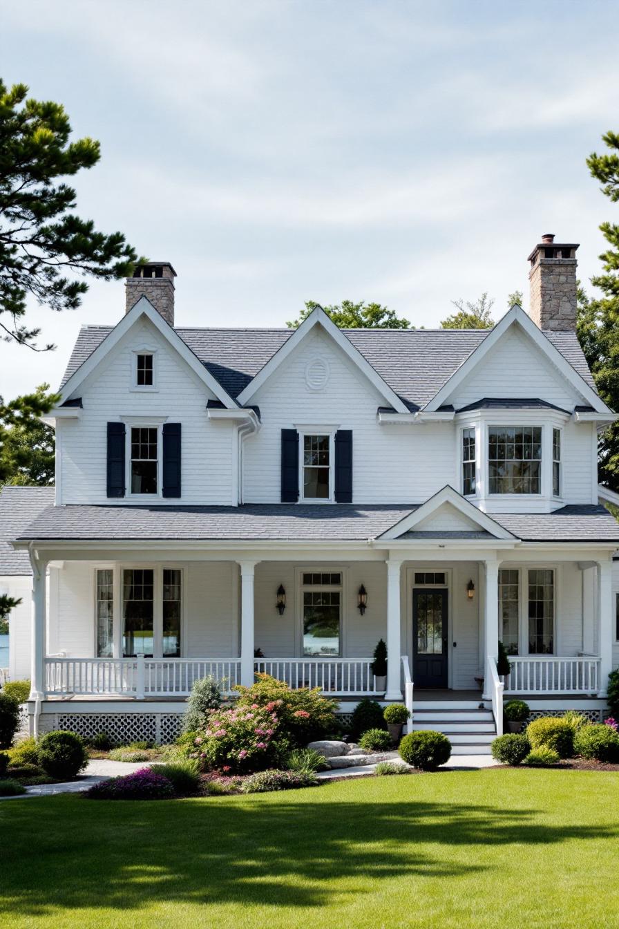 White house with pitched roofs and a welcoming porch