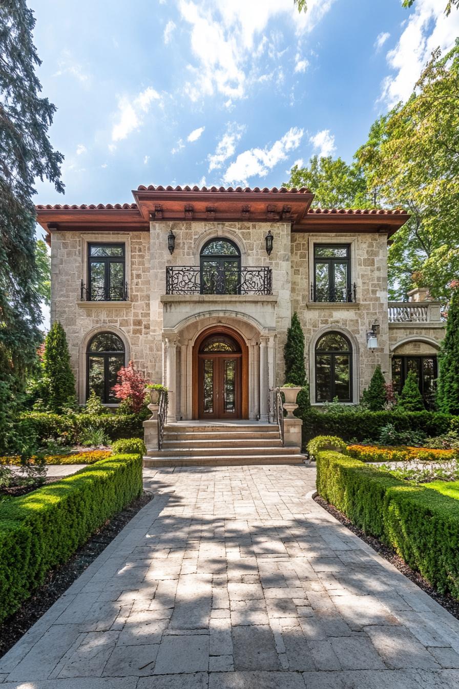 Elegant stone house with lush greenery