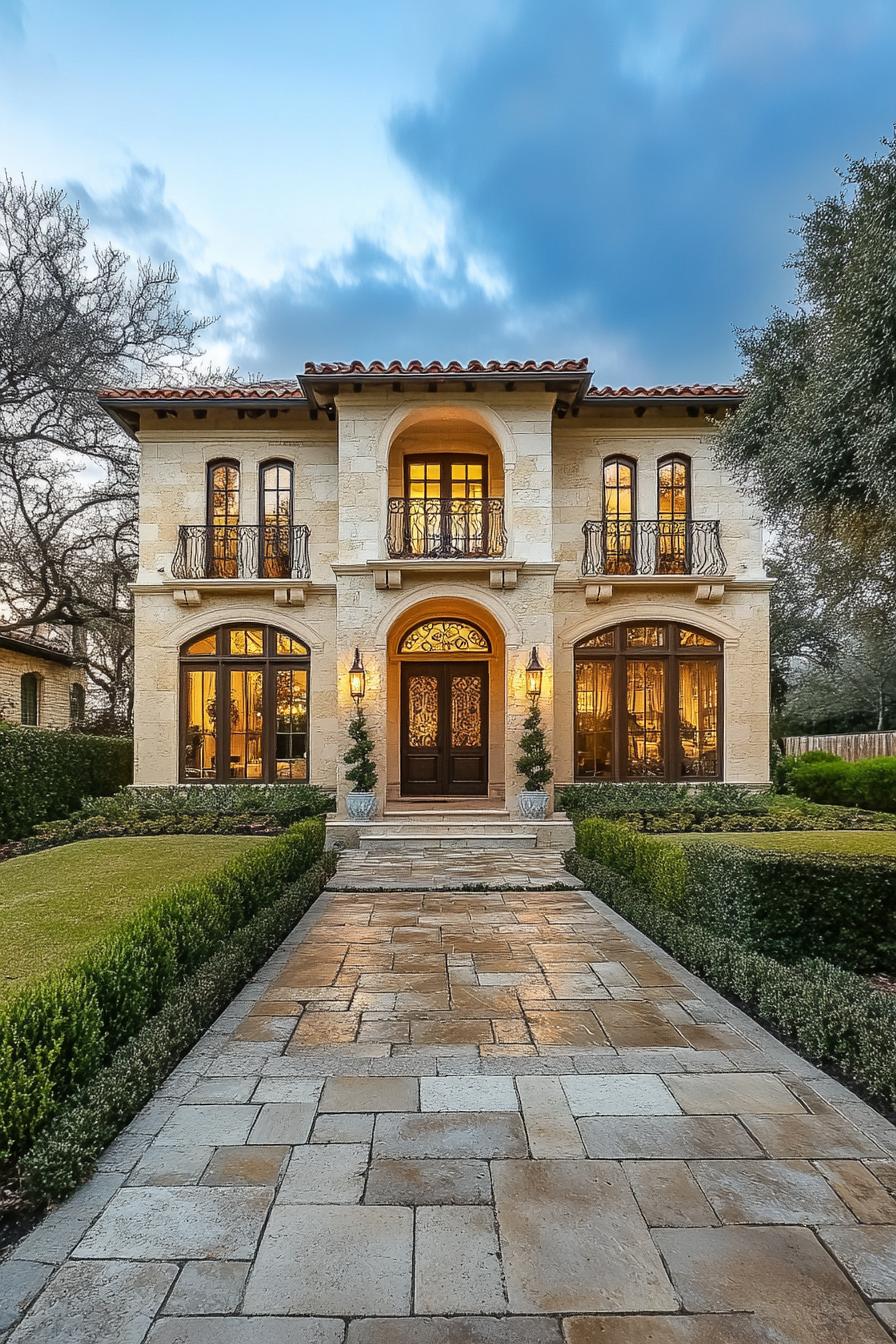 Luxurious two-story stone house with elegant arches