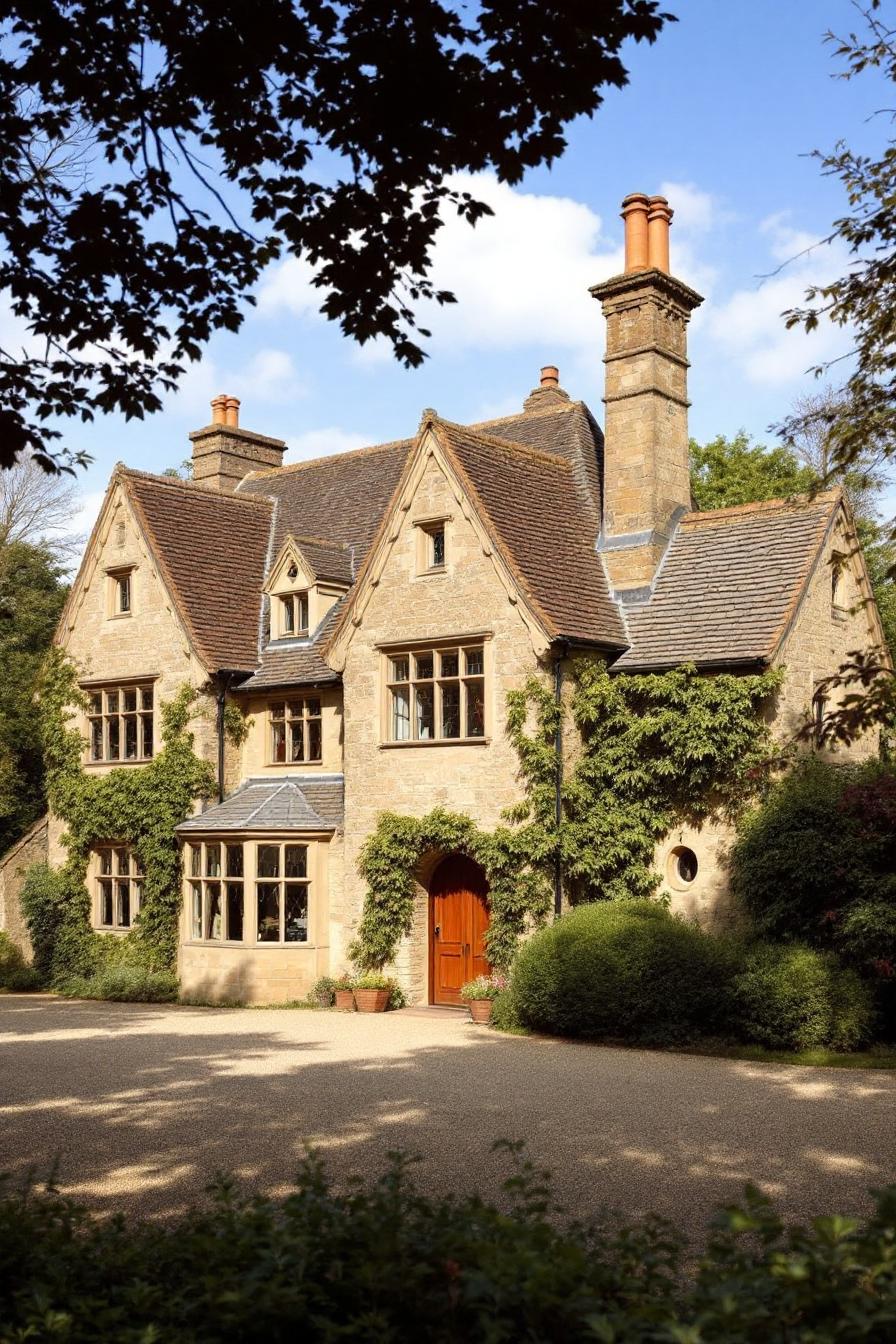 Rustic stone house with ivy and chimney stacks