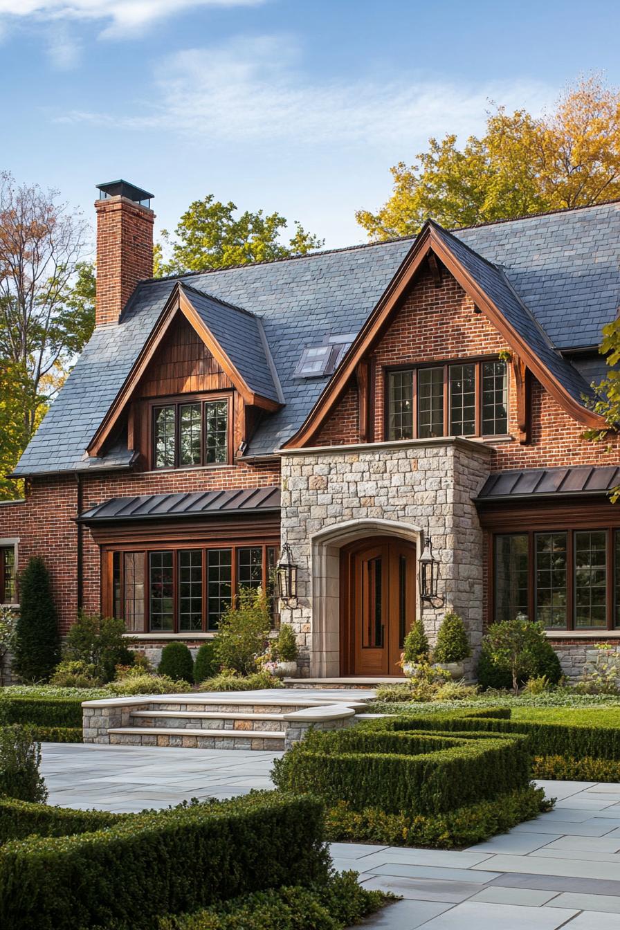 Elegant brick country house with a slate roof and manicured garden