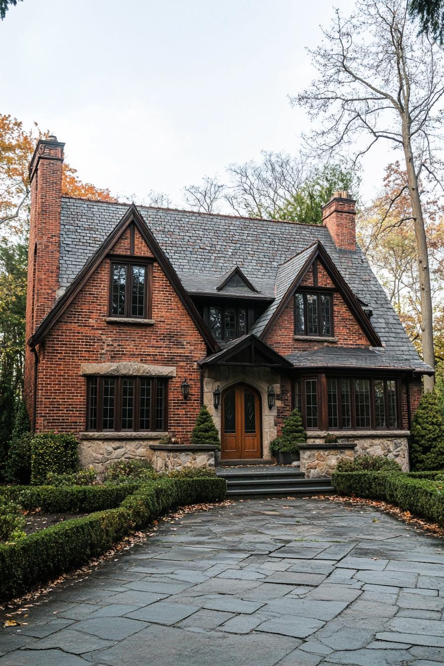 Red brick house with gabled roof and wooden door