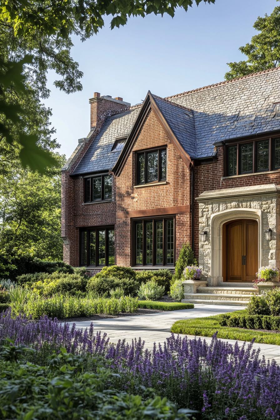 Elegant brick house with lush garden