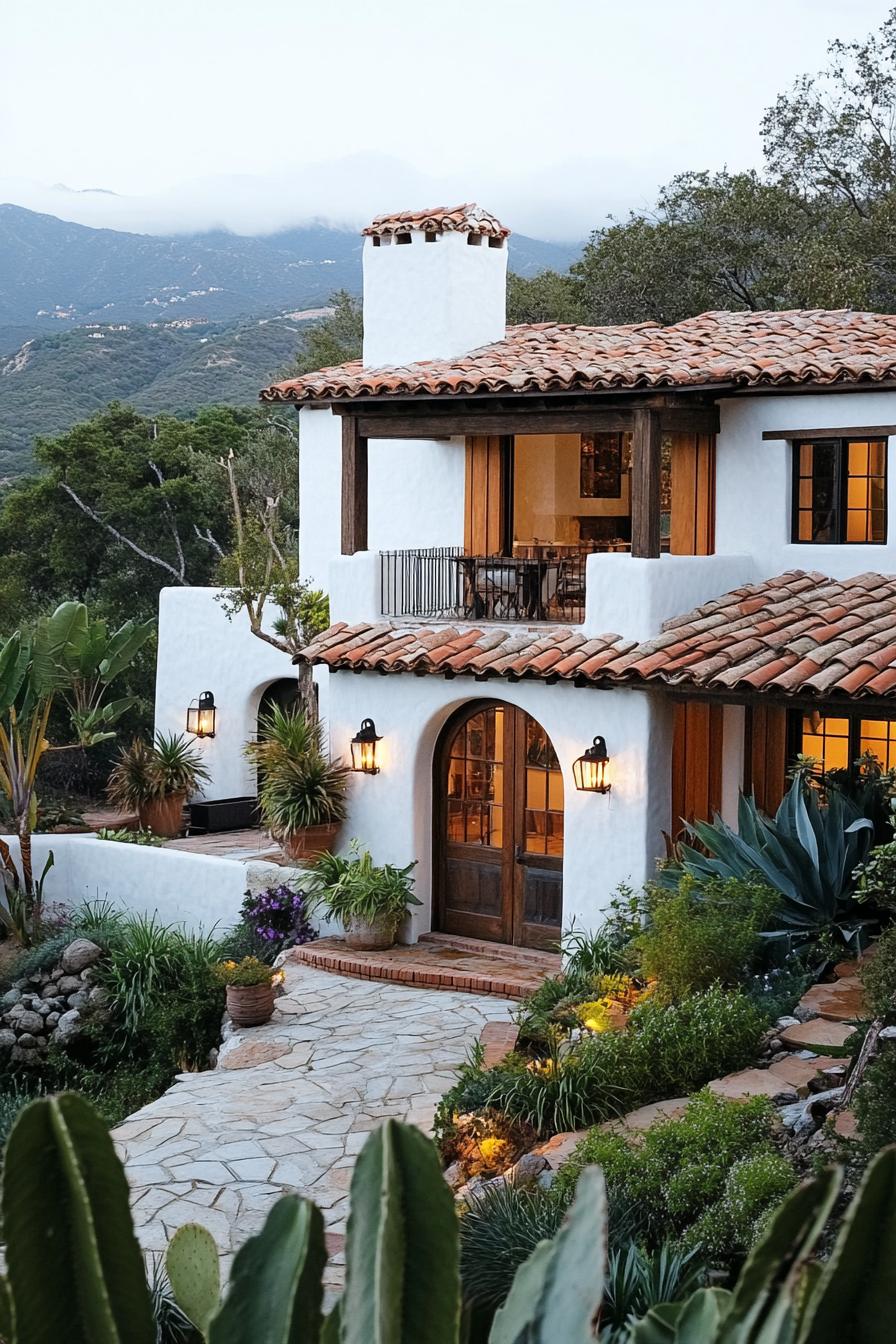 Modern Spanish villa with terracotta roof and lush garden