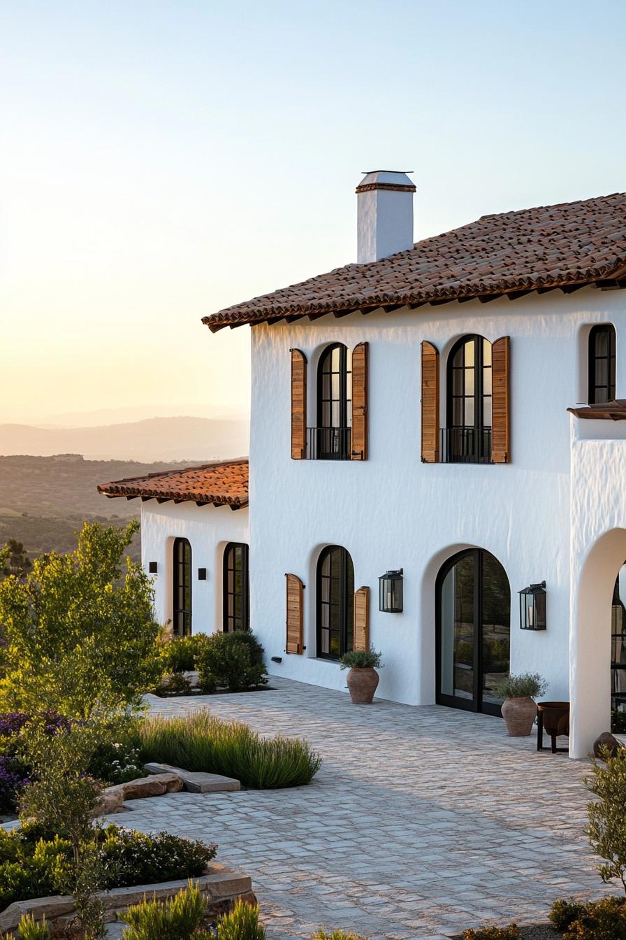 Stylish Spanish villa with white stucco walls and arched windows