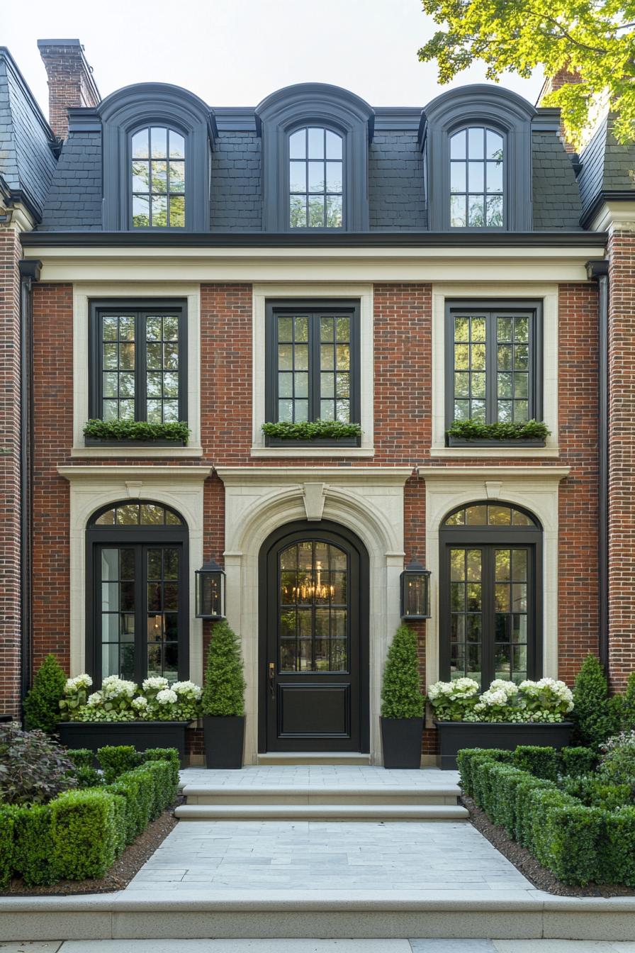 Elegant townhouse exterior with brickwork and lush greenery