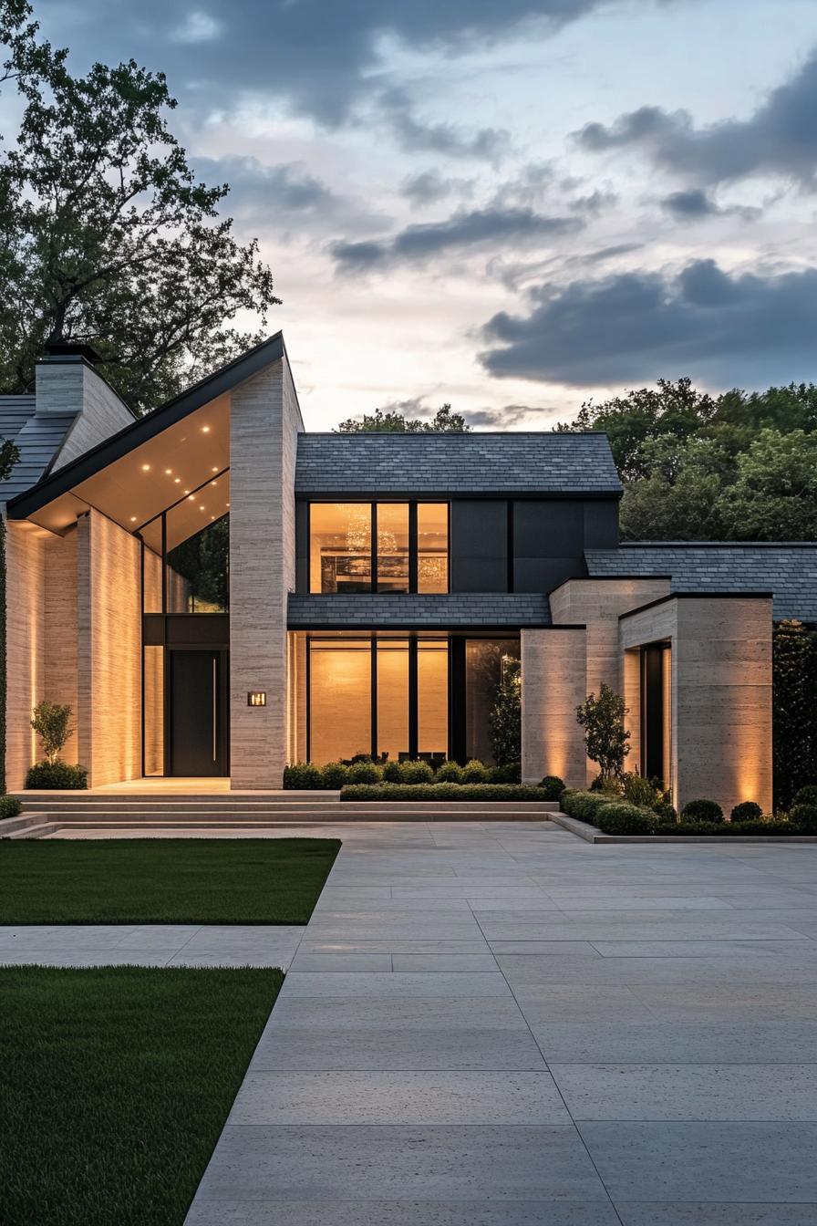 Modern house with warm exterior lighting at dusk