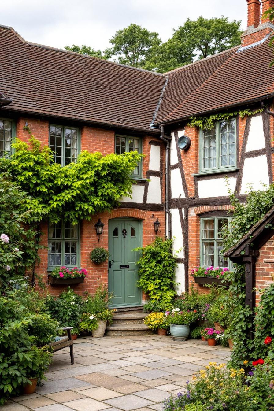 Brick house with climbing ivy and a green door