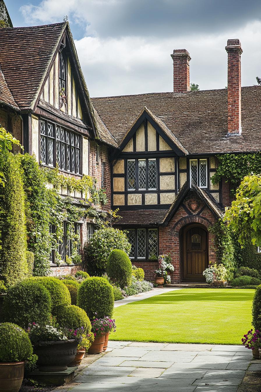 Quaint British country house surrounded by lush greenery