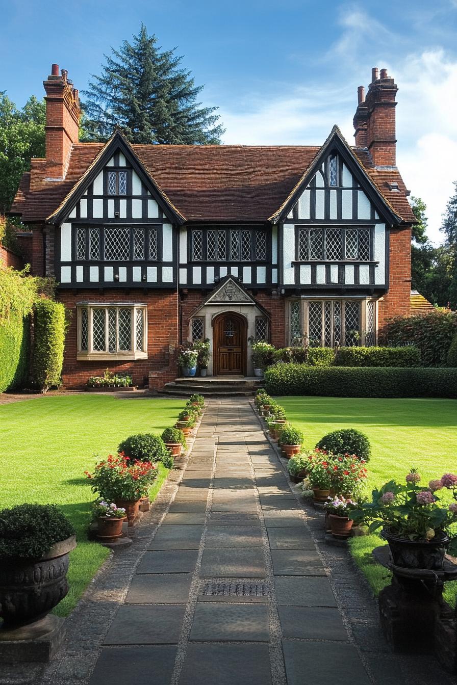 Tudor-style house with brick exterior and manicured lawn