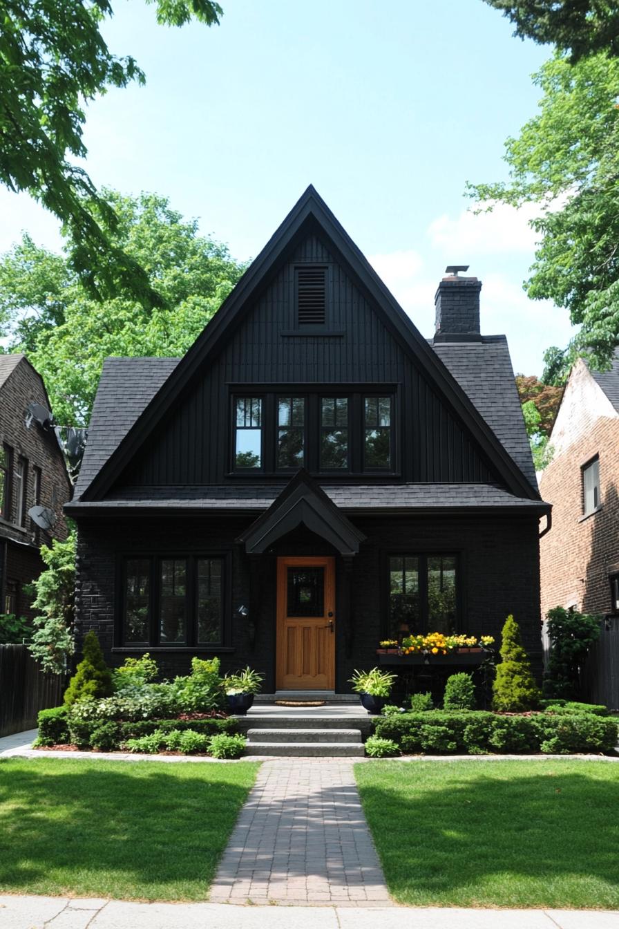 Black house with triangular roof and lush garden