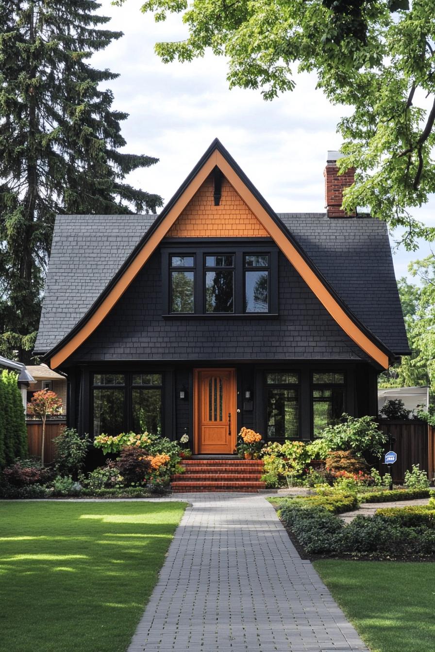 Black house with wooden accents and lush garden