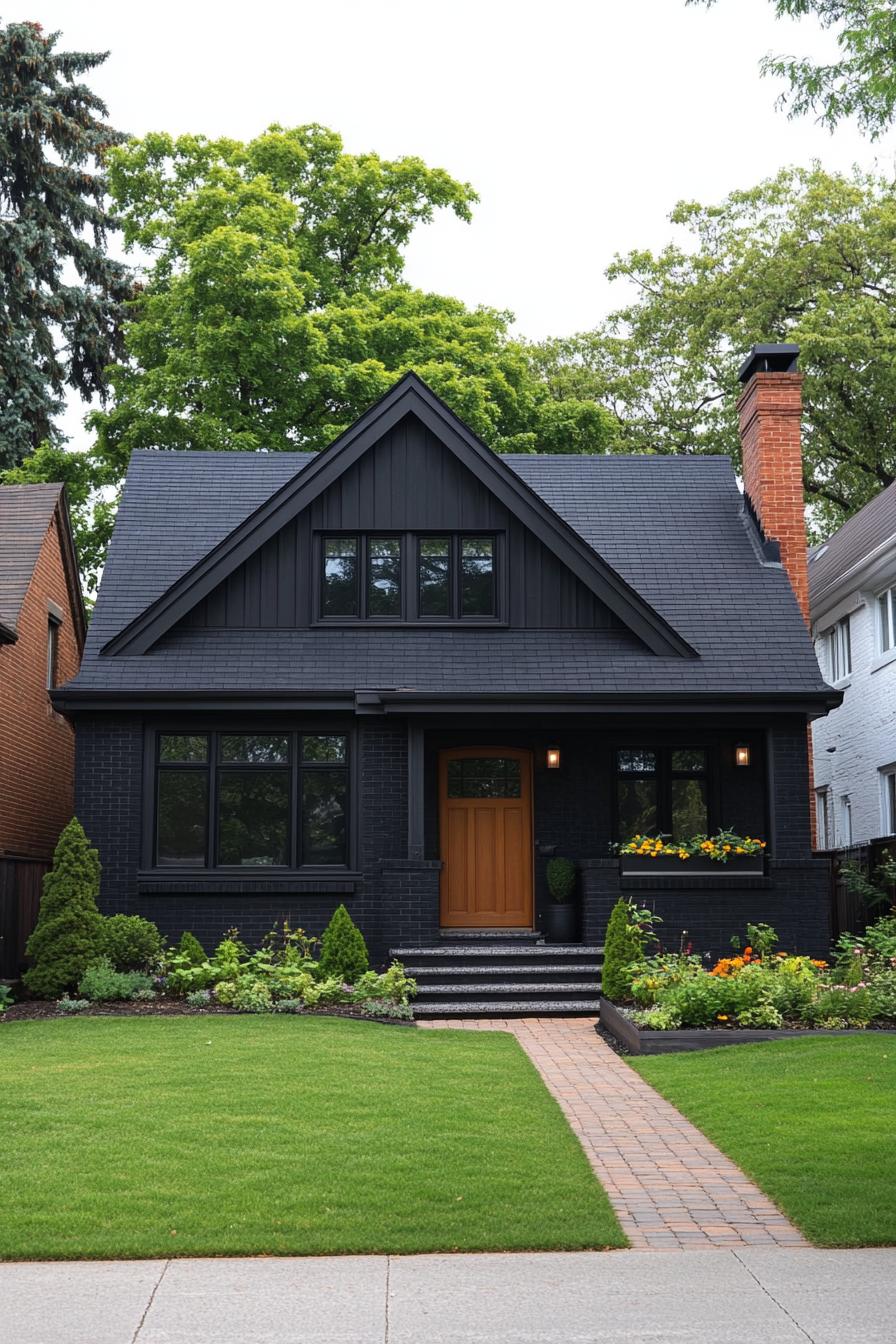 Black house with wooden door and vibrant garden