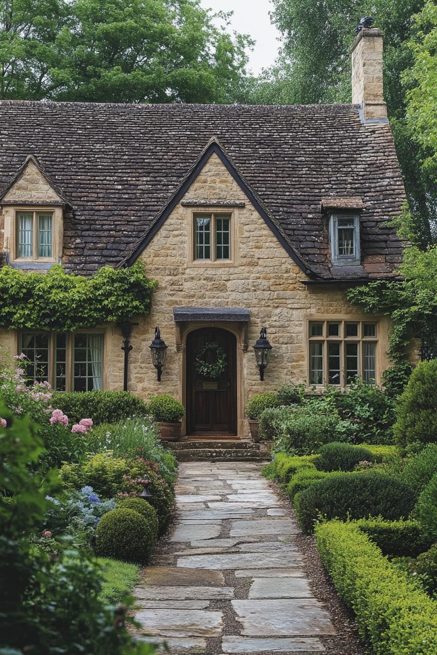 Quaint stone cottage with lush flowers