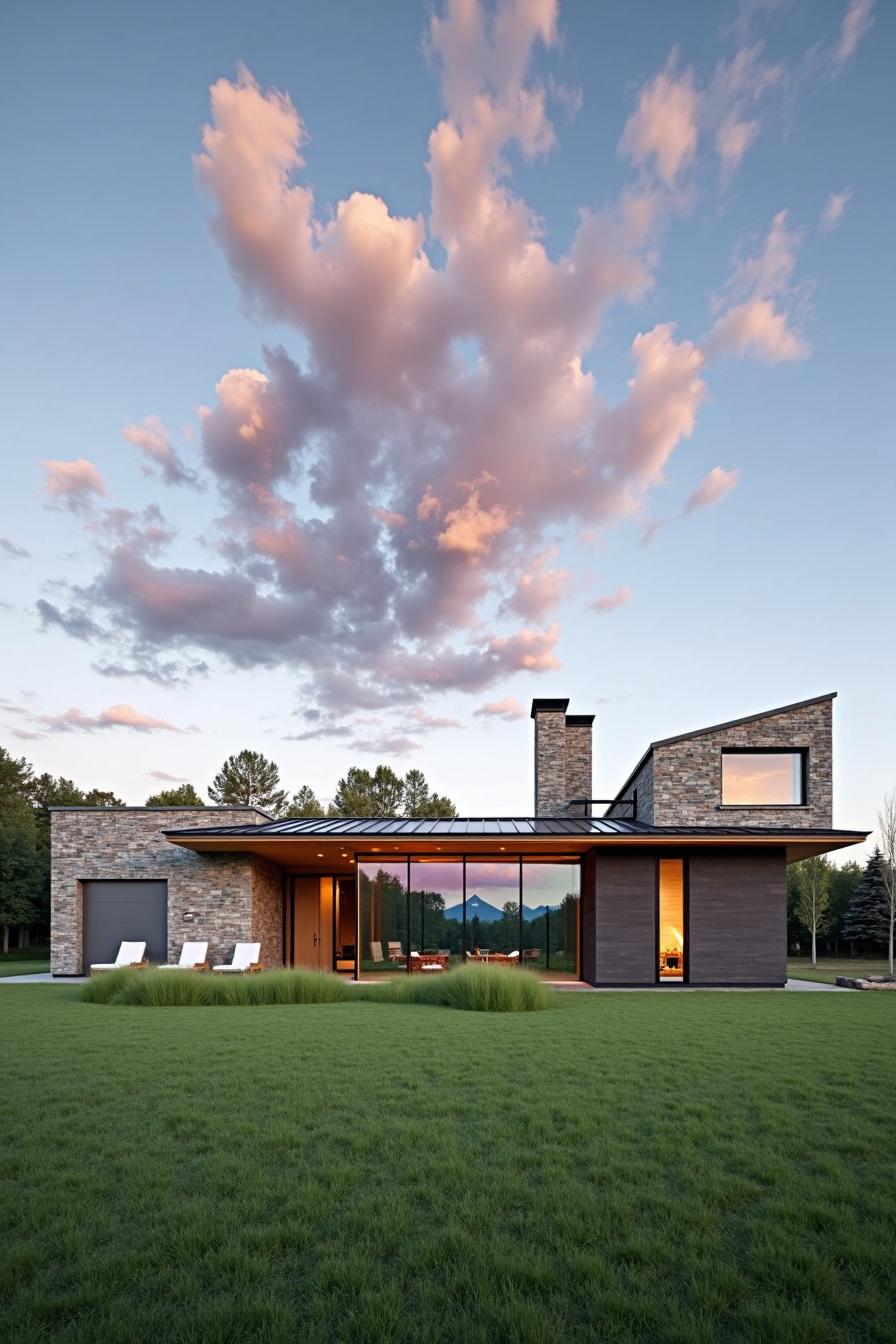 Modern rancher with glass walls and scenic sky