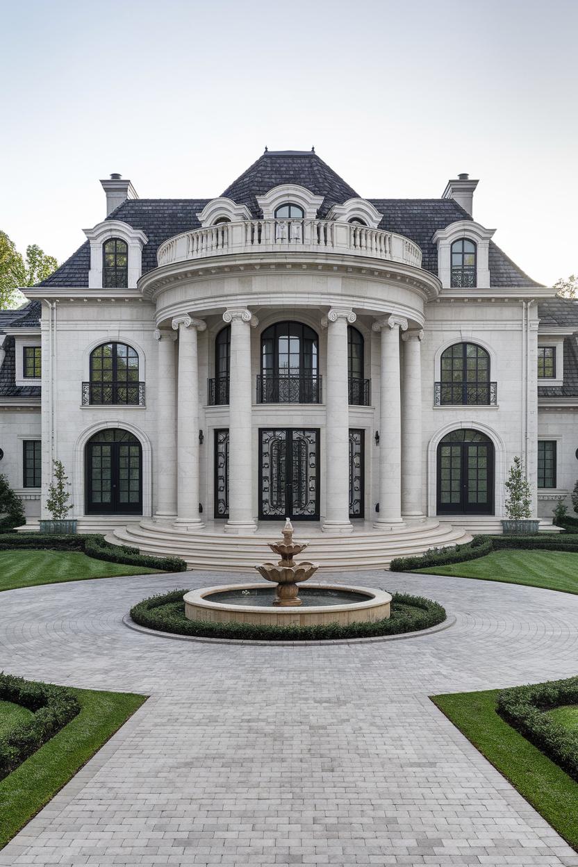 Elegant mansion with a circular drive and fountain