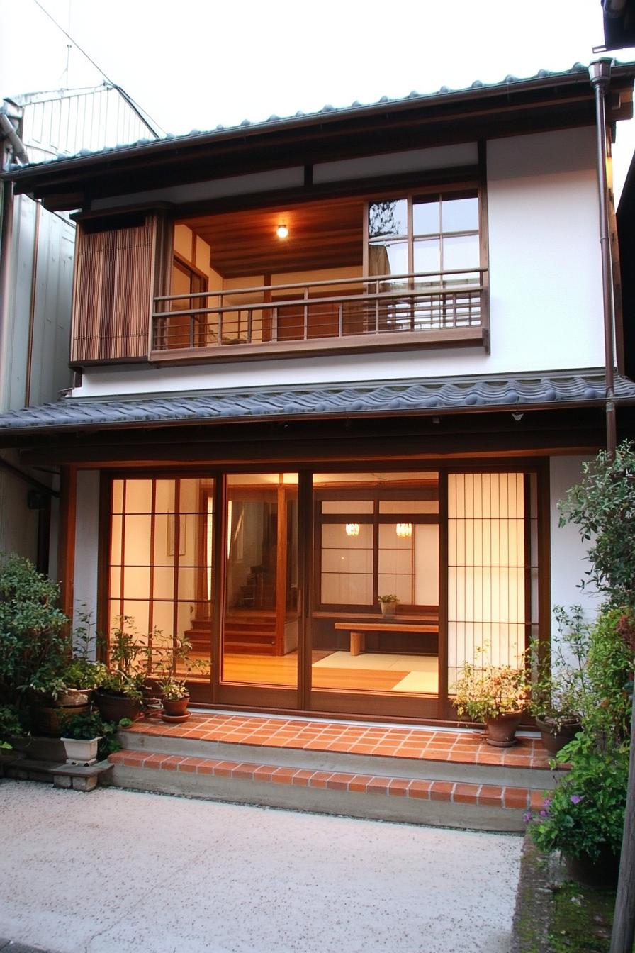 Traditional Japanese house with warm lighting and sliding doors