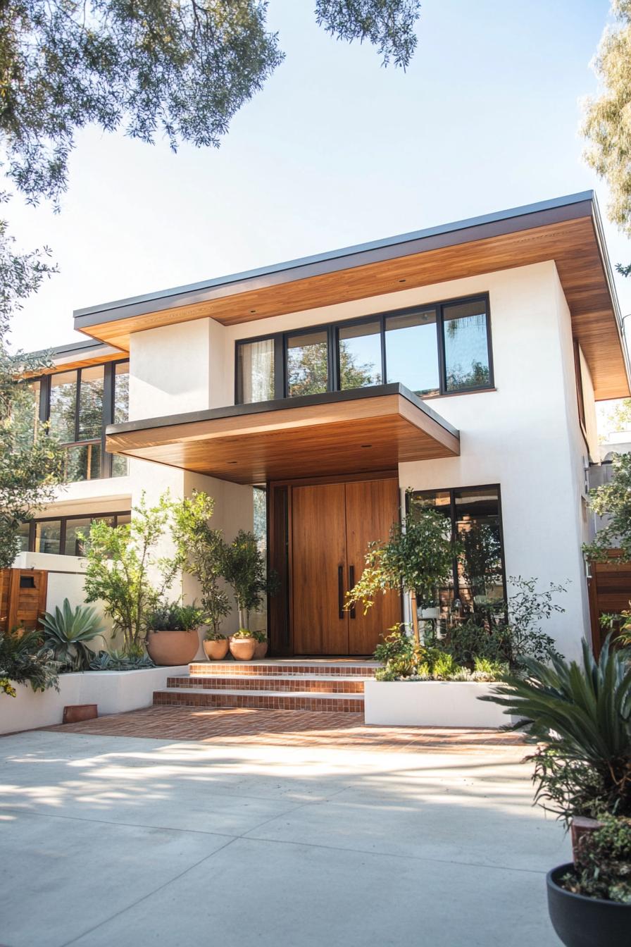 Contemporary Japanese house with wooden accents and greenery