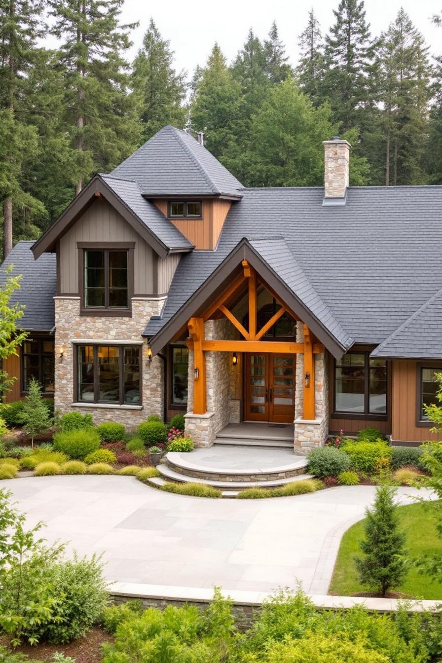 Charming craftsman house with a wooden gable and stone façade