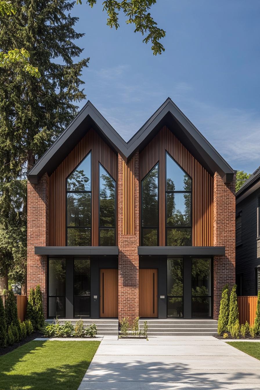 Stylish brick and wood facade of a modern duplex