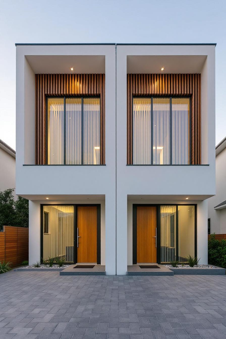 Sleek modern duplex with wooden doors