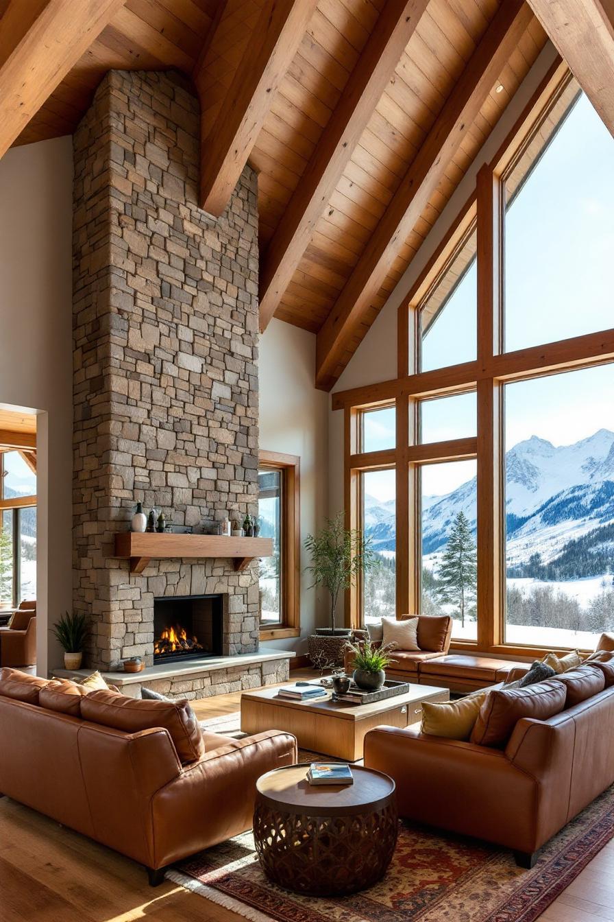 Cabin interior with stone fireplace