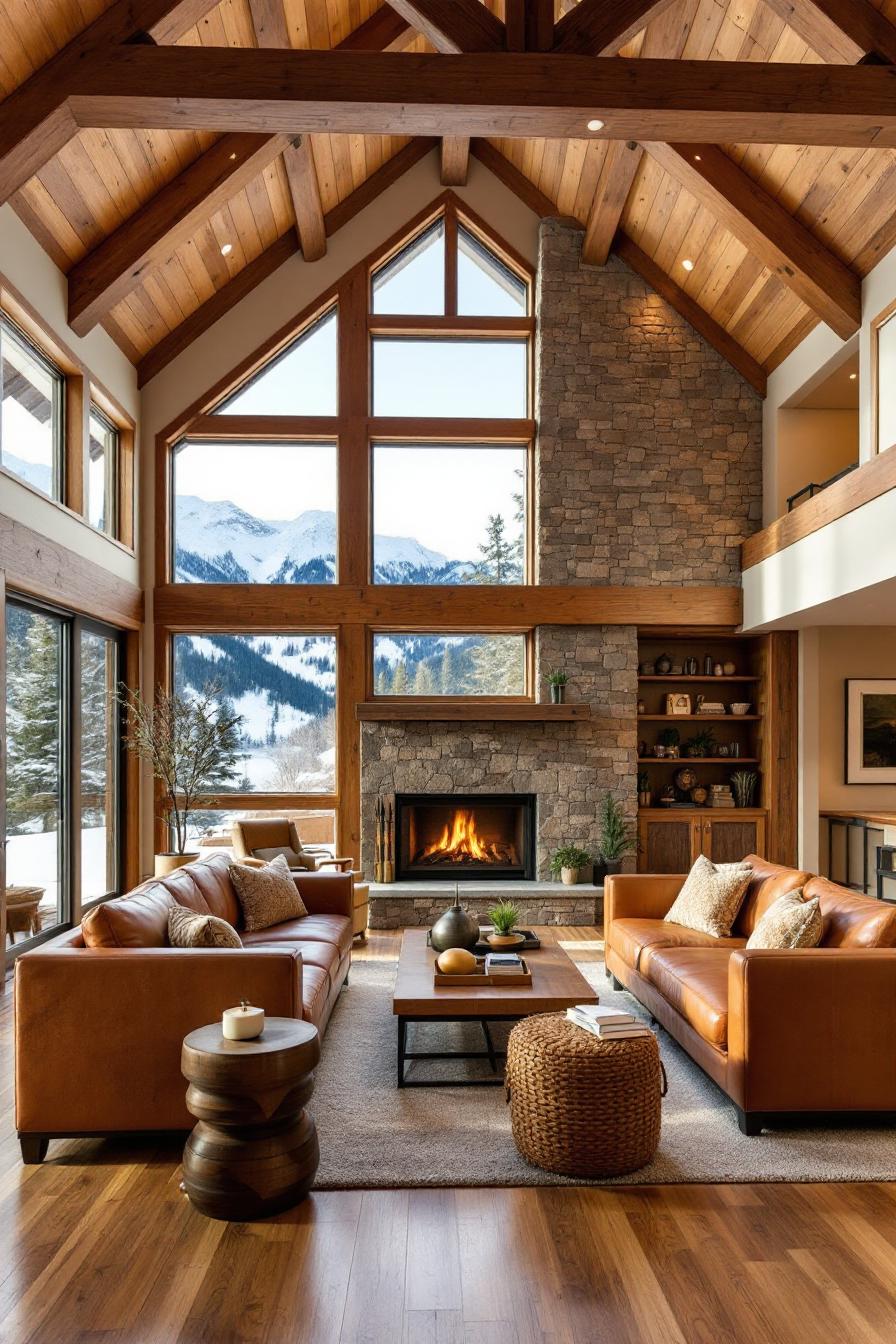 Spacious cabin living room with mountain view