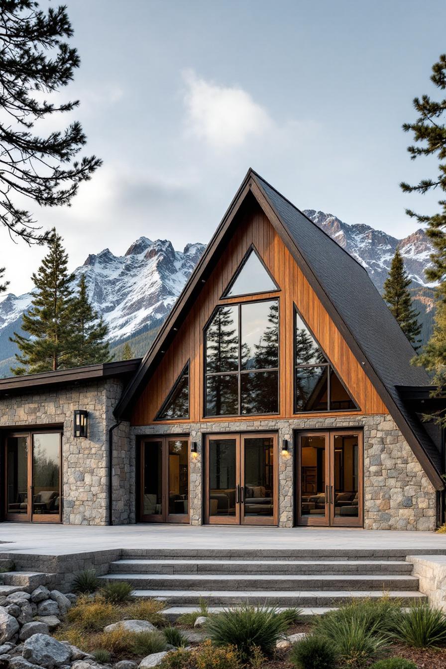 A-frame cabin with stone exterior and mountain view