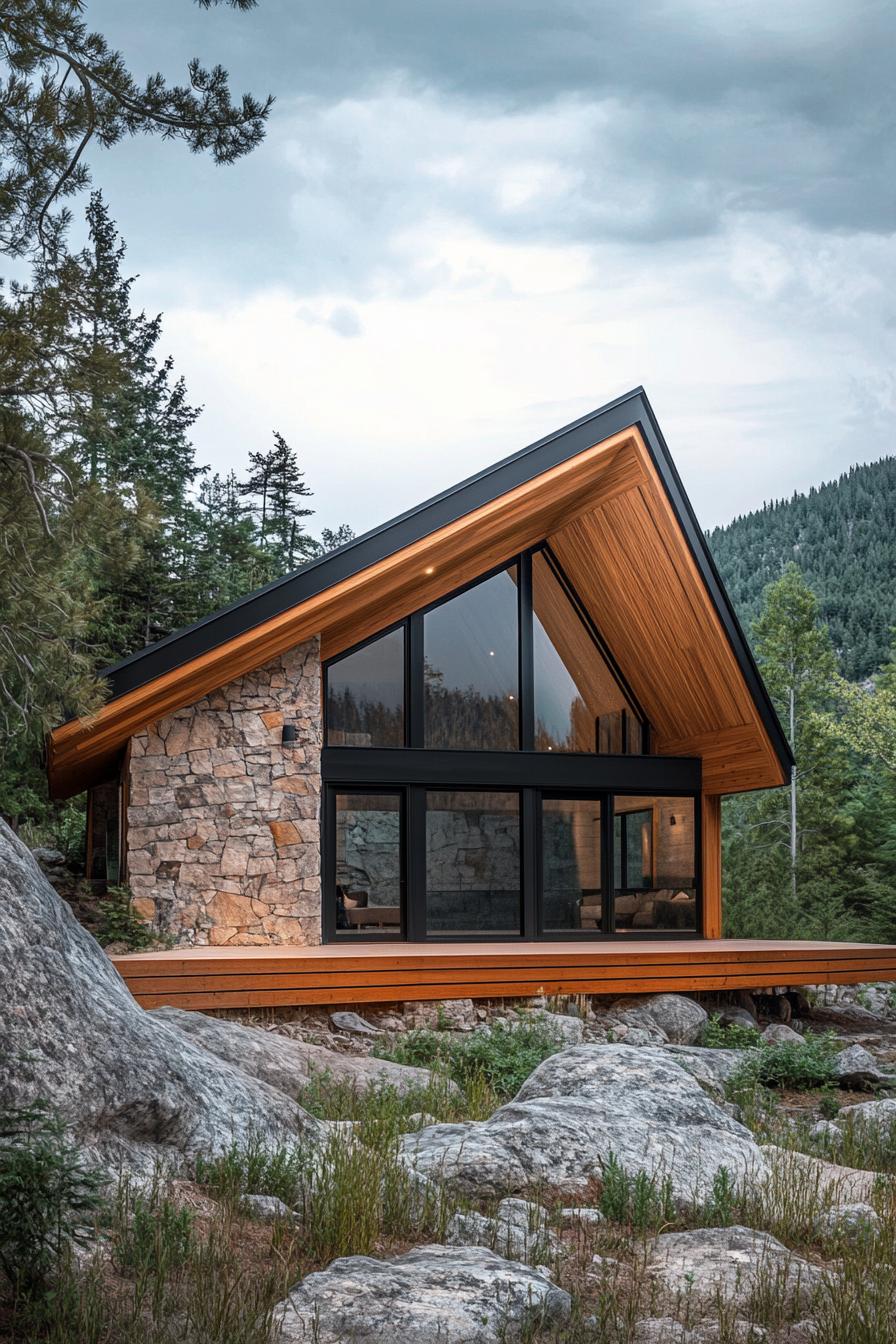 Stone and wood cabin nestled in the woods