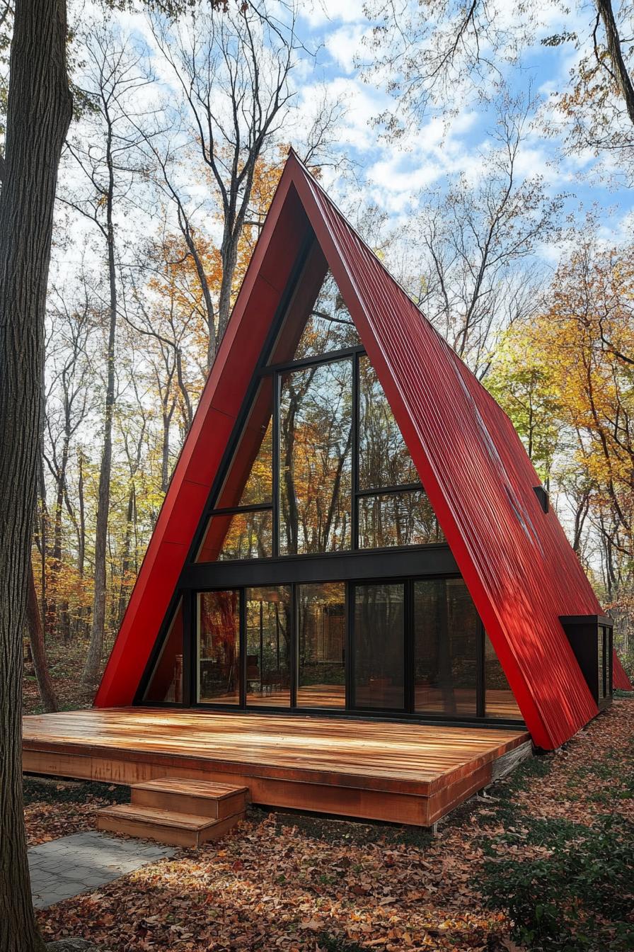 Red triangular house in a forested area with large glass windows