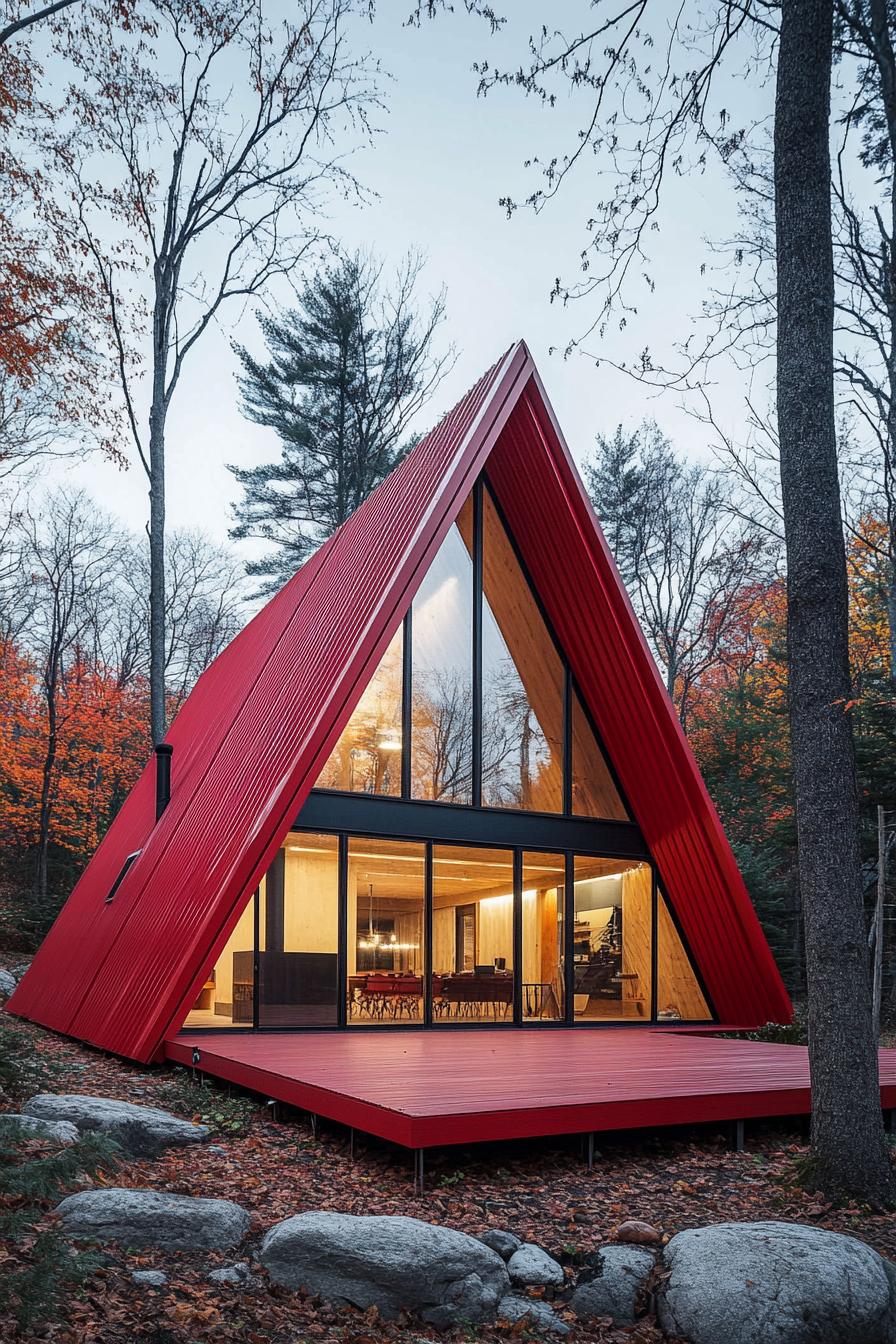 Red A-frame house nestled in autumn woods with glass front