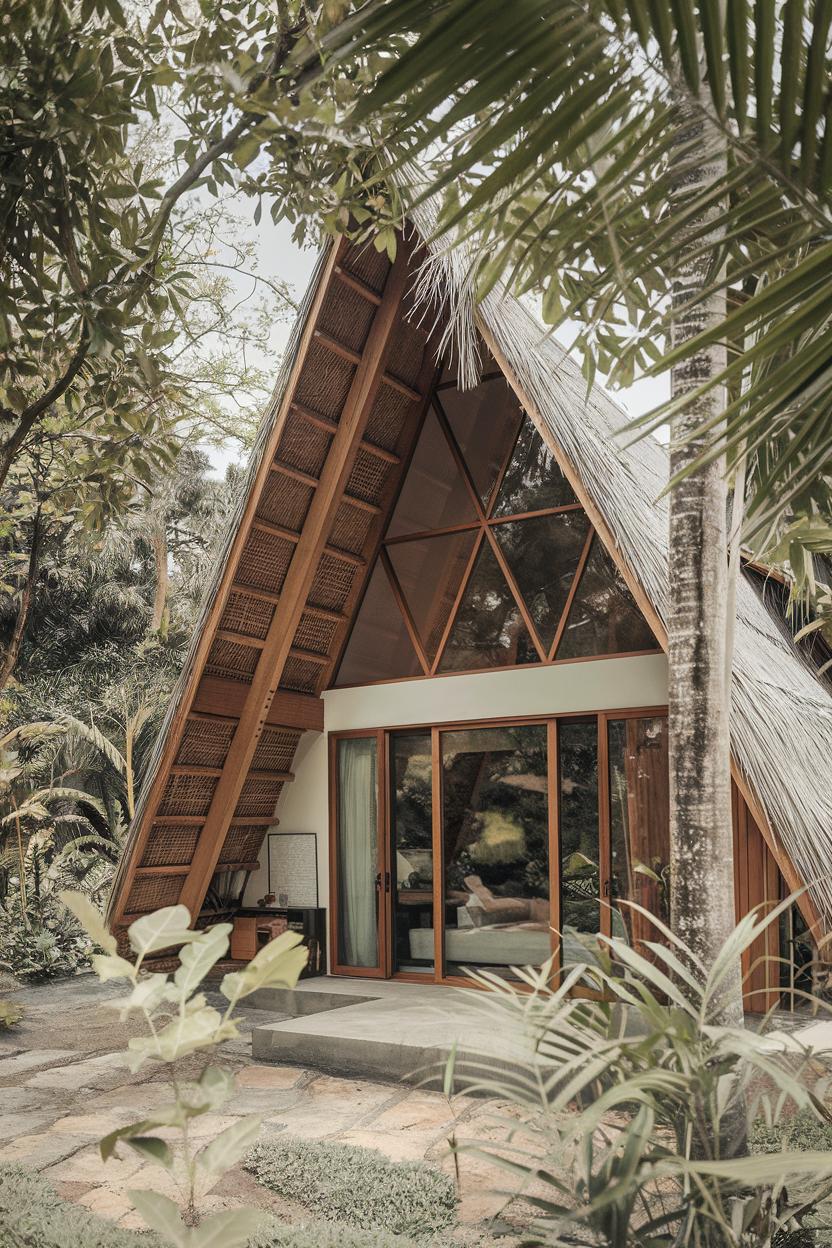 A-Frame house nestled in lush greenery