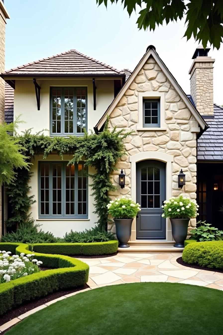 Charming cottage with stone facade and lush greenery