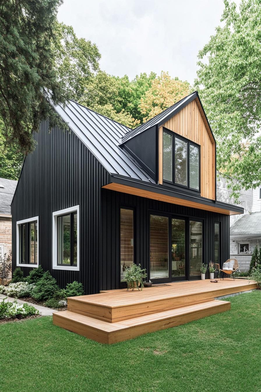 Modern black house with large windows and wood accents surrounded by lush greenery