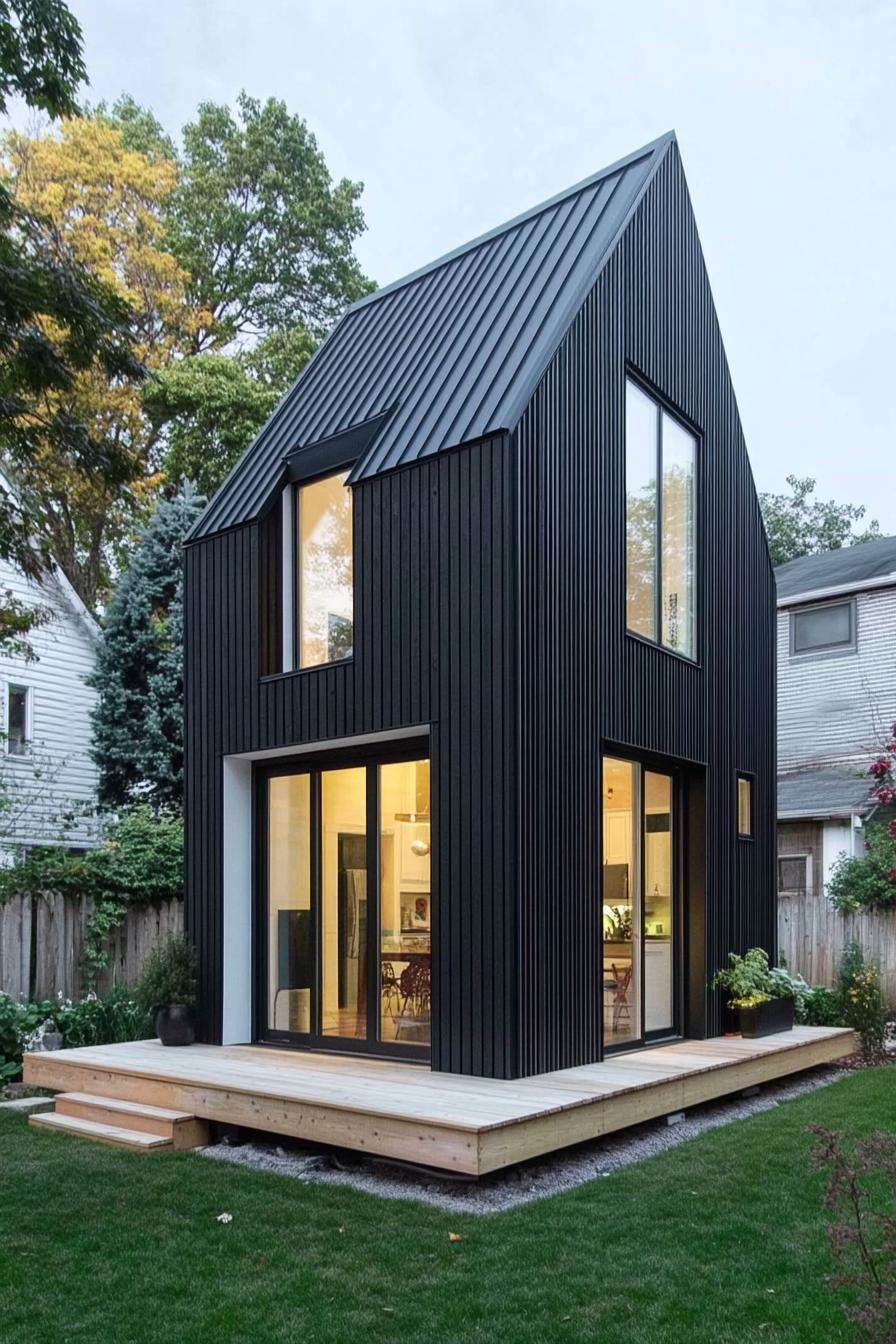 Compact modern house with black exterior and large windows