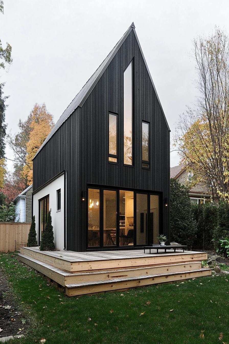 Sleek black A-frame house with large windows