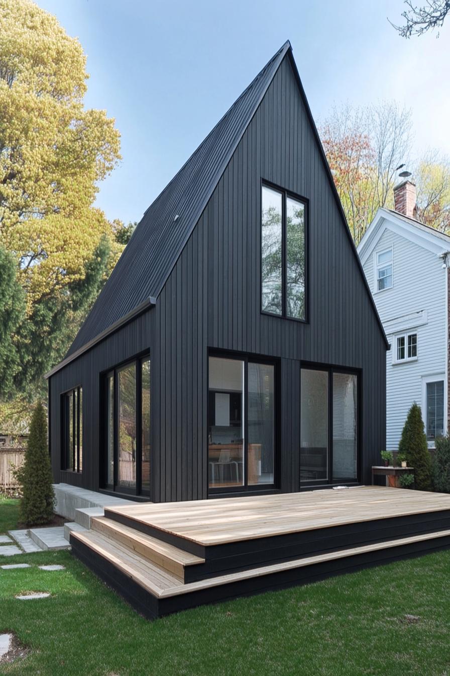 Sleek black A-frame house with large windows and wooden deck