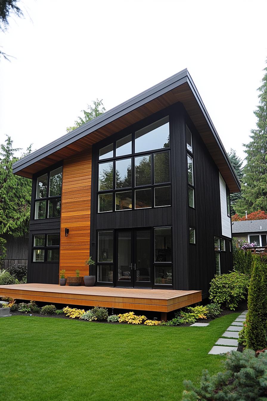 Modern black and wood house with large windows