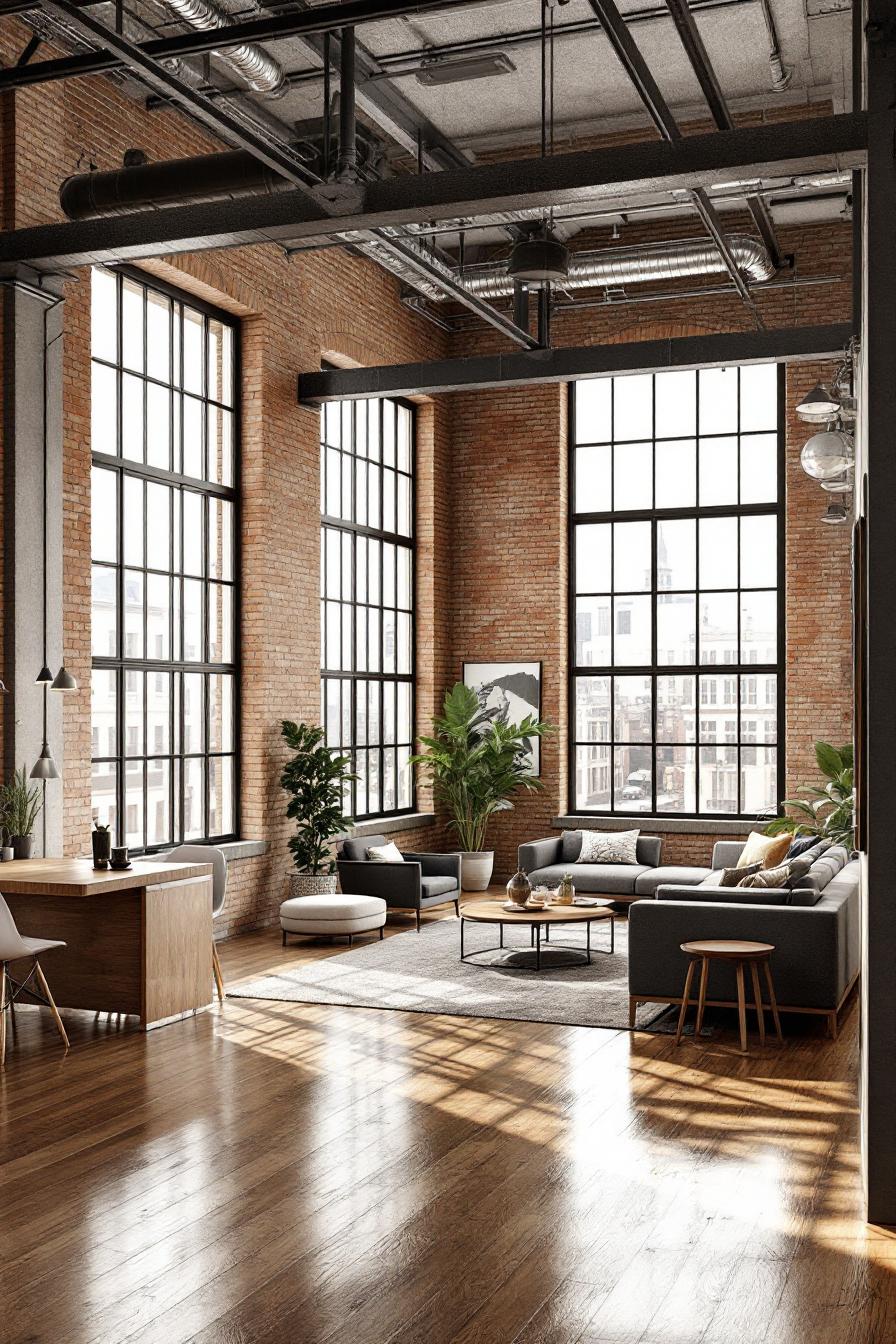 Spacious urban loft with large windows and exposed brick