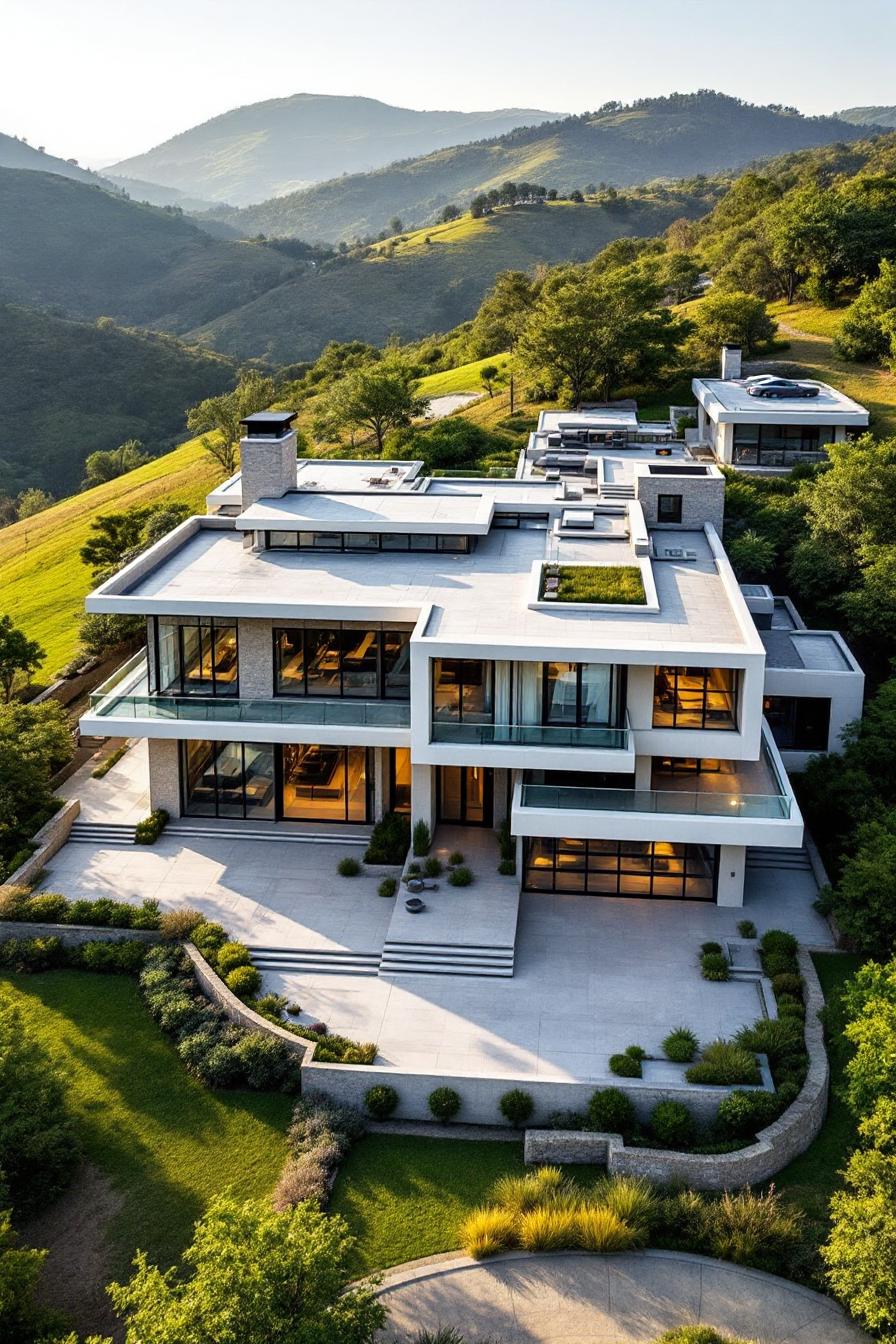 Luxurious concrete mansion with a scenic backdrop