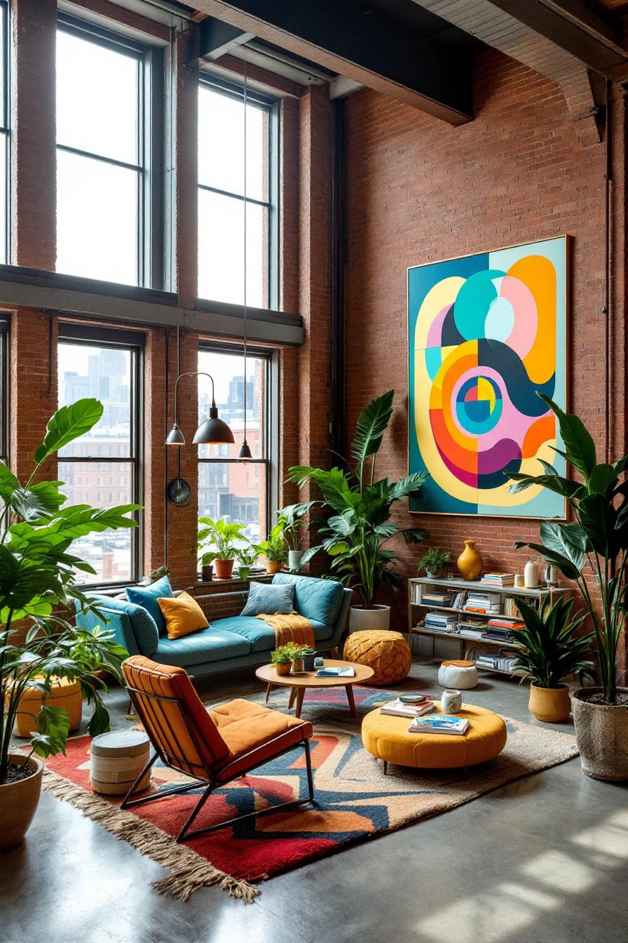 Loft interior with colorful decor and plants