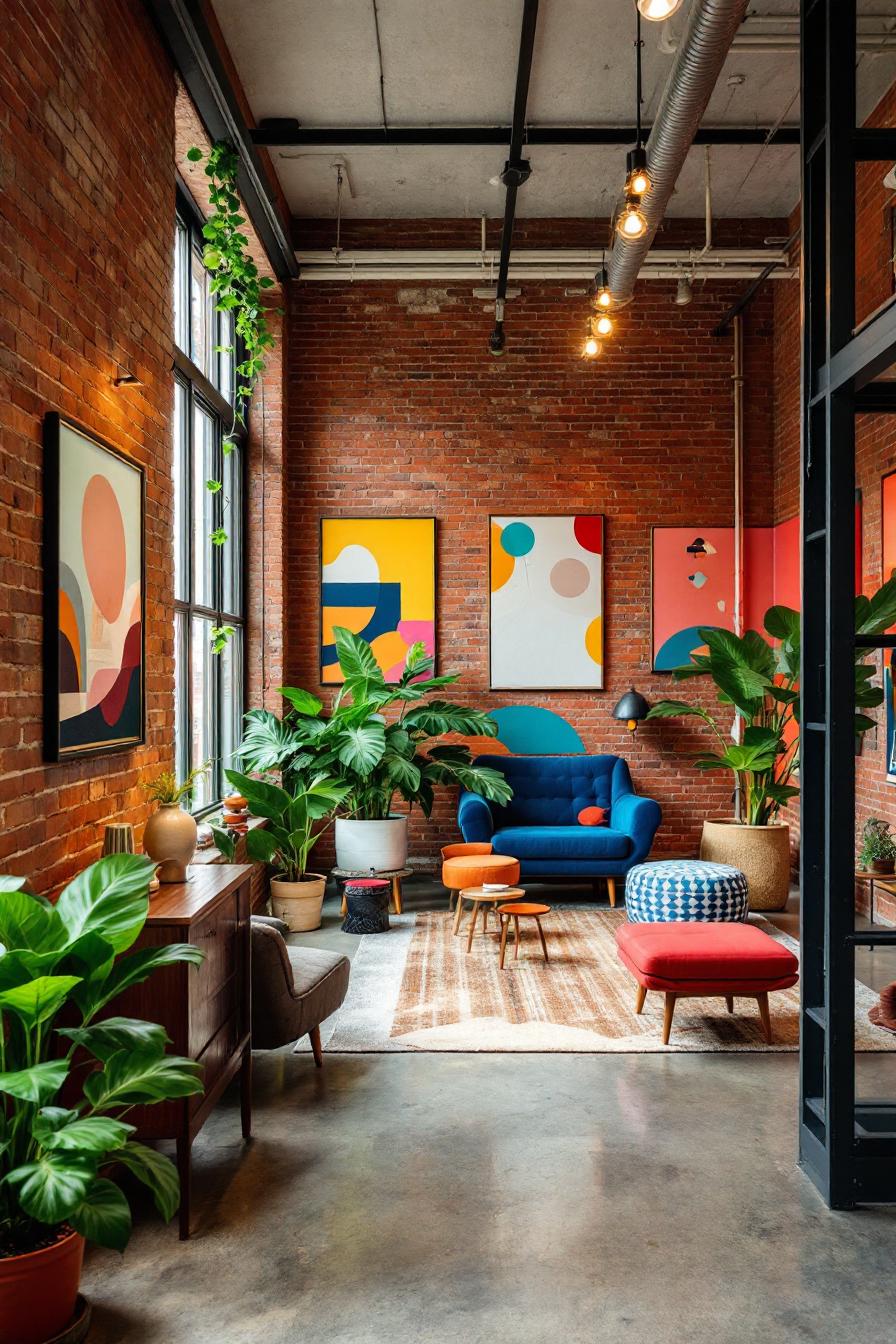 Colorful loft with modern furniture and vibrant plants